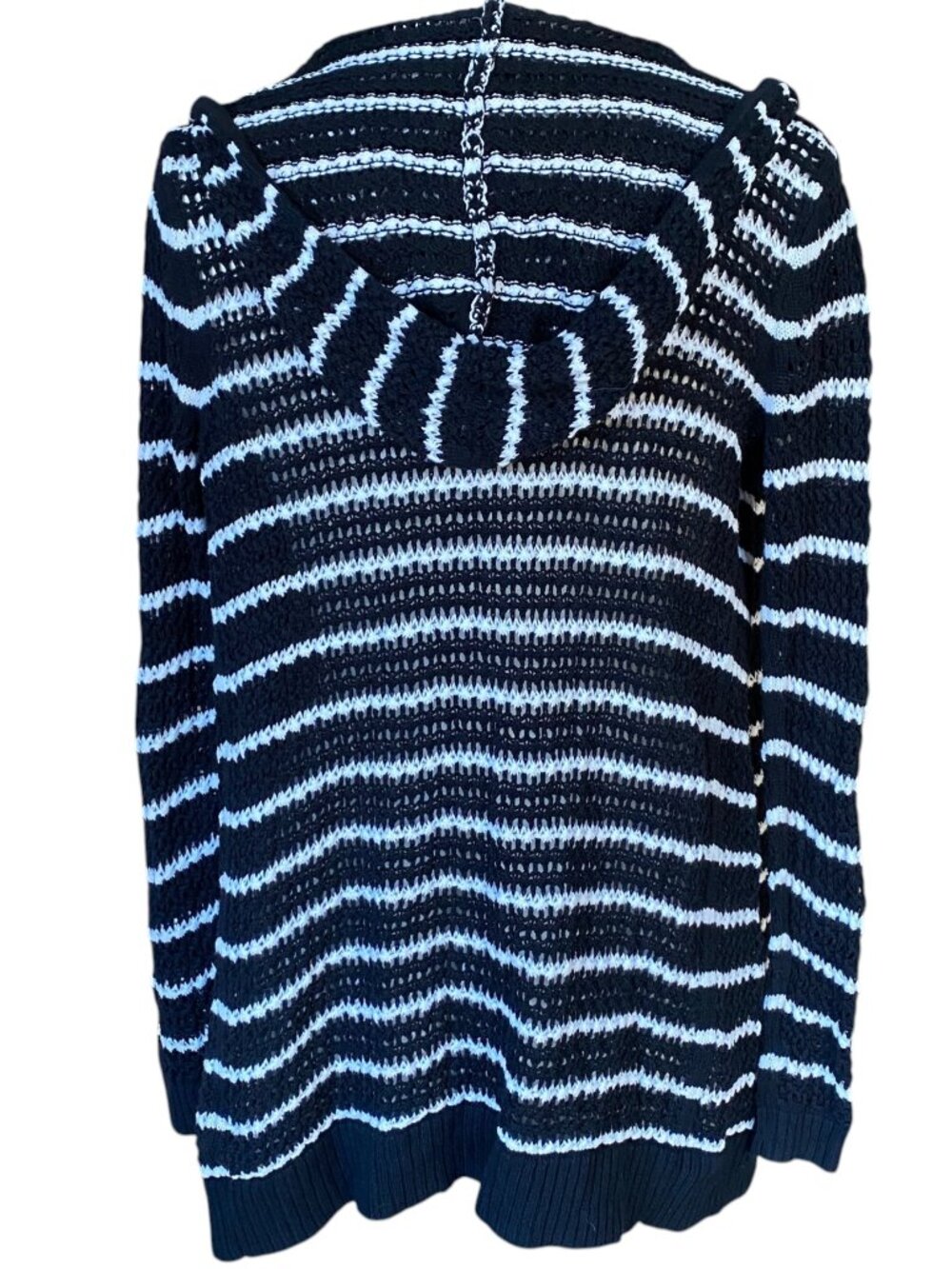 Gap Factory Striped Open Knit Hoodie Cardigan Sweater Black White Long Beach-XS